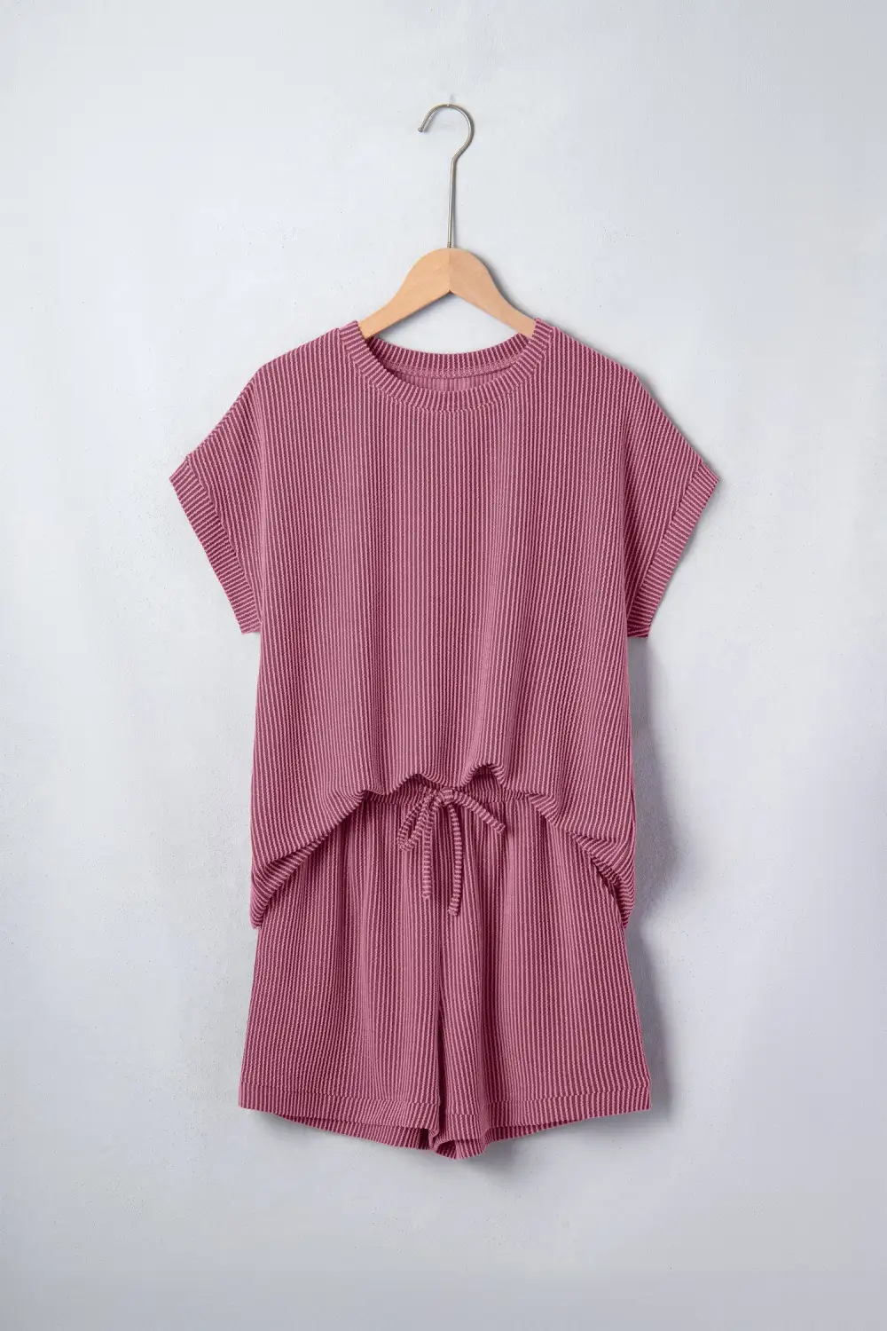 Women's Twisted Ribbed Loose Tee Drawstring Elastic Waist Two Piece Short Set
