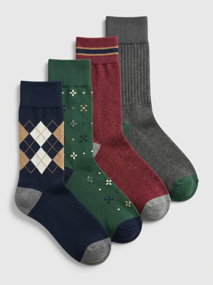 Cross Motif Argyle Striped Geometric Men's Crew Socks Four-Pair Pack