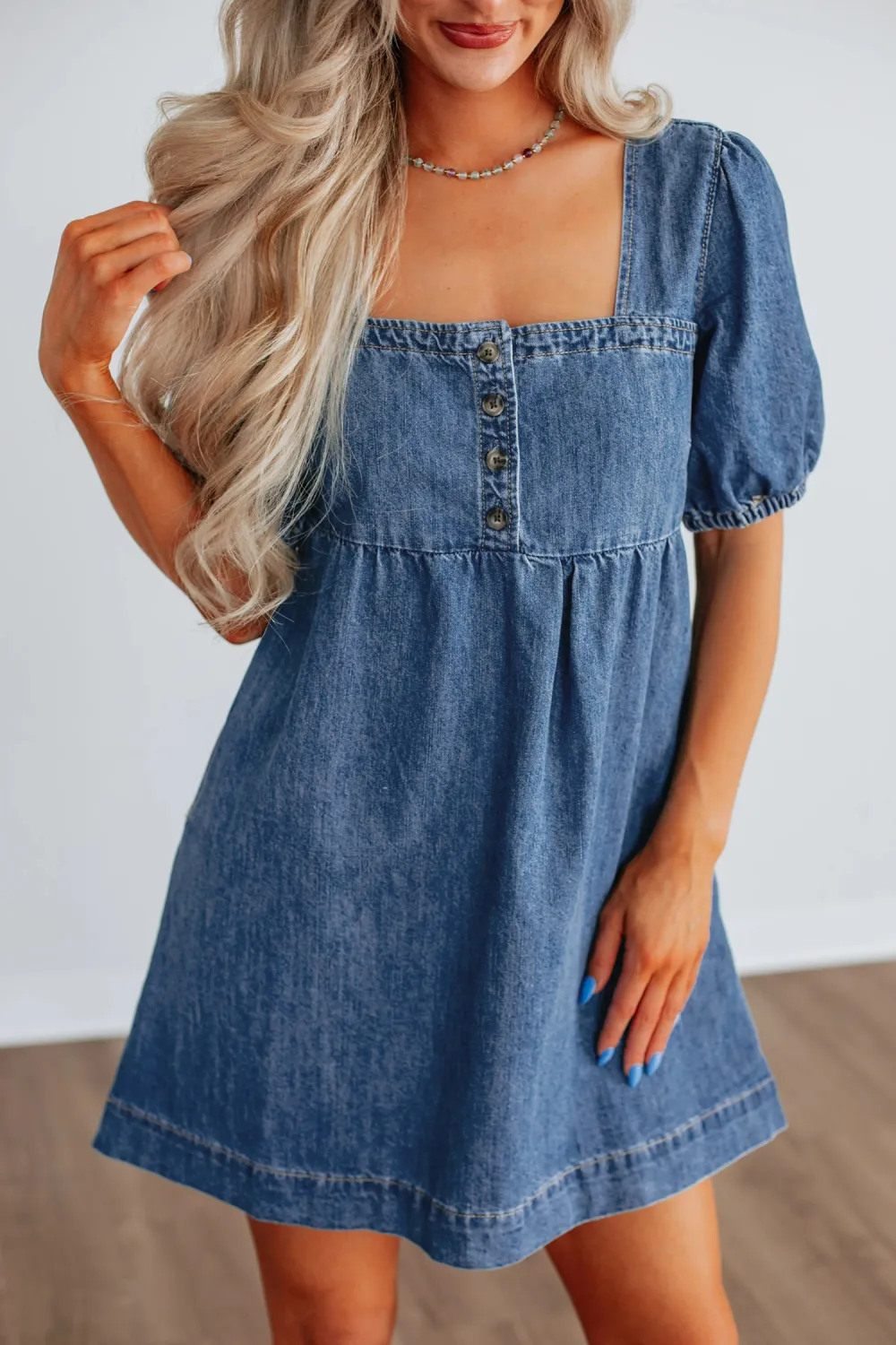 Deep Blue Square Neck Denim Dress