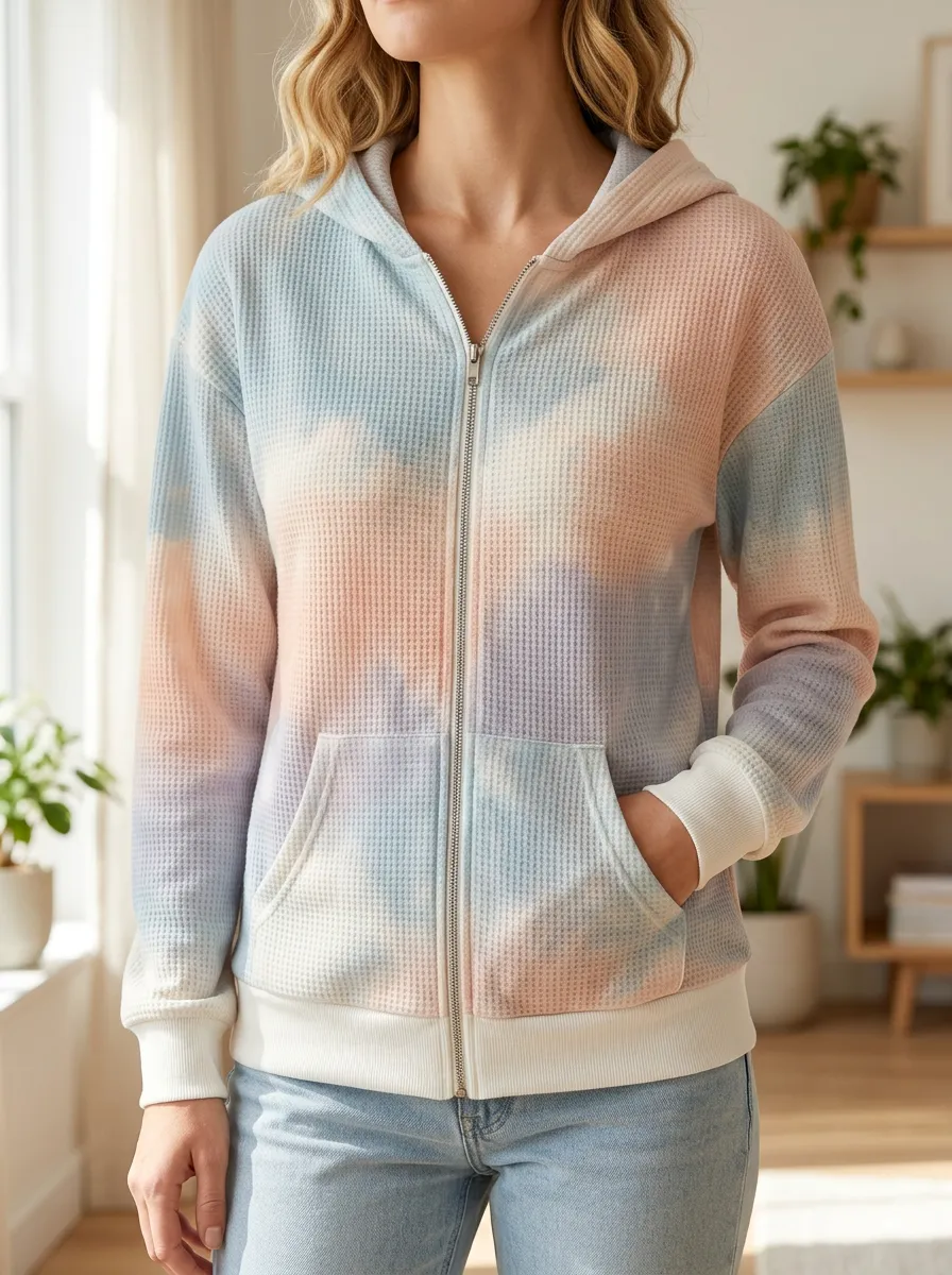 Women's Pastel Tie-Dye Artful Character Waffle Zip-Up Hoodie