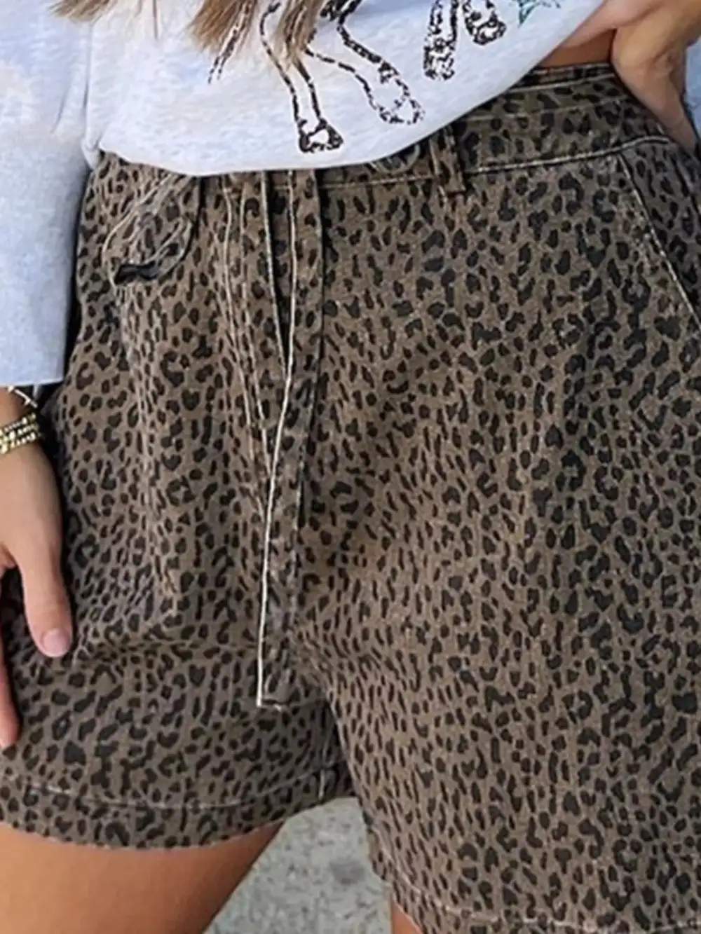 High-Waist Pocketed Leopard-Print Denim Shorts
