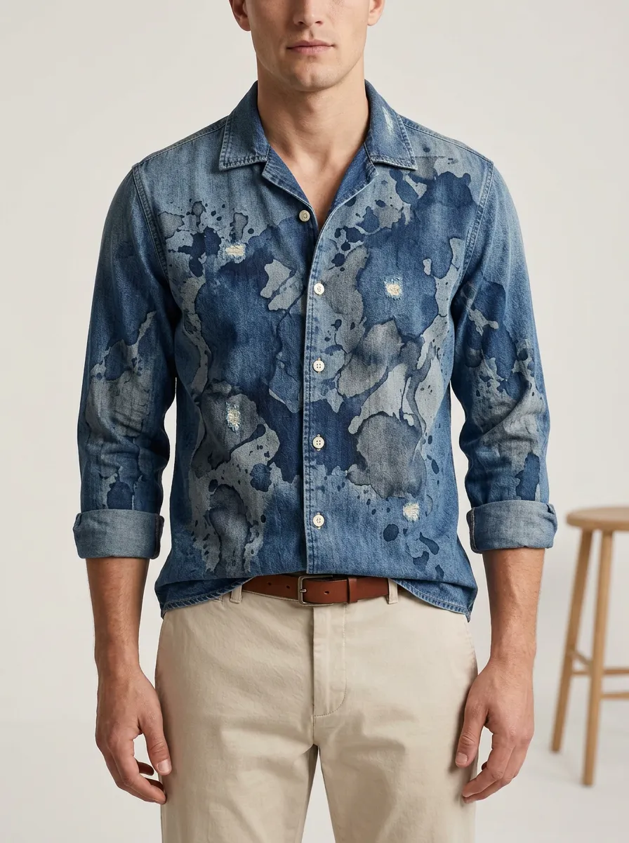Men's Distressed Paint Splatter Denim Shirt