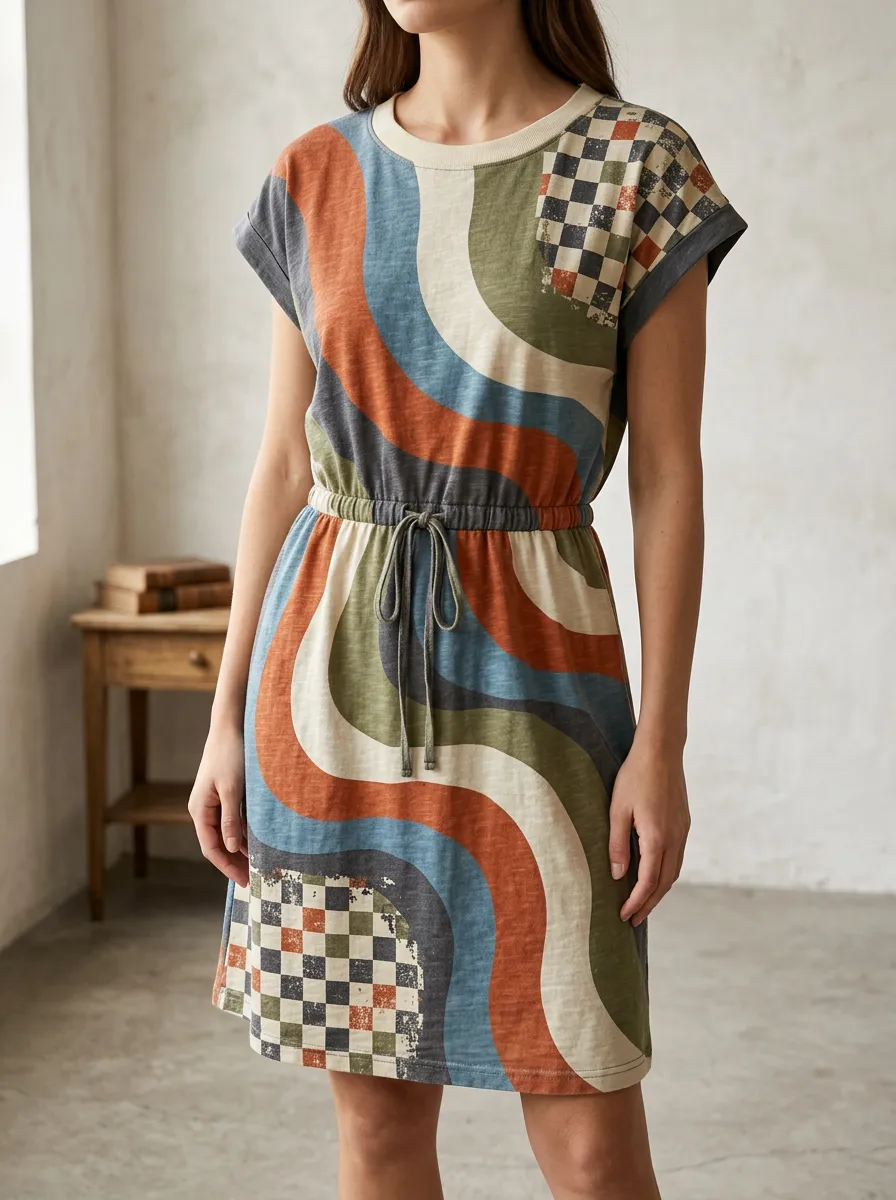 Women's Crew Neck Abstract Print Drawstring T-Shirt Dress