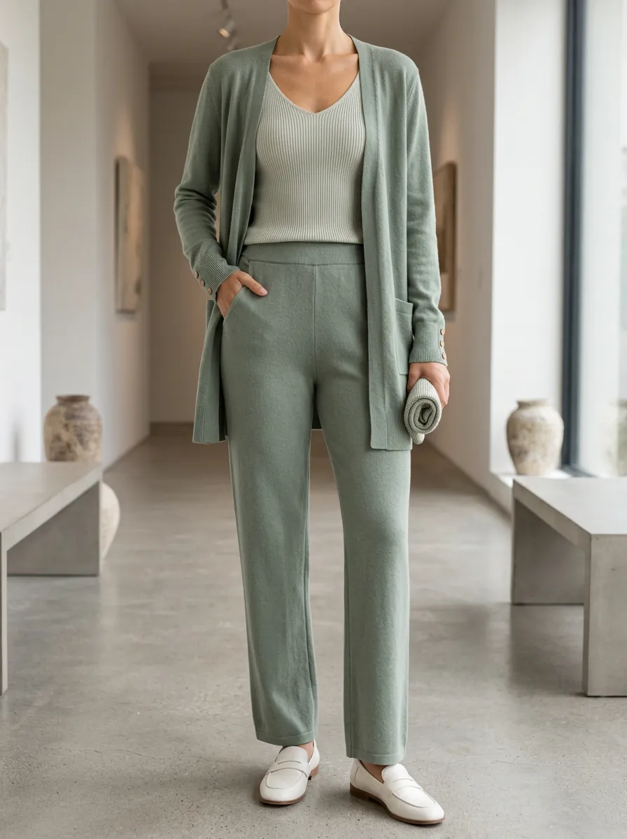 Women's Minimalist Knit Cardigan Tank Top And Pants Matching Set