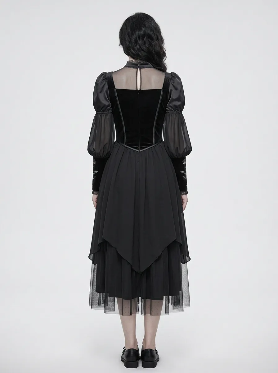 Punk Rose Moon Embroidered Look Women's Gothic Dress