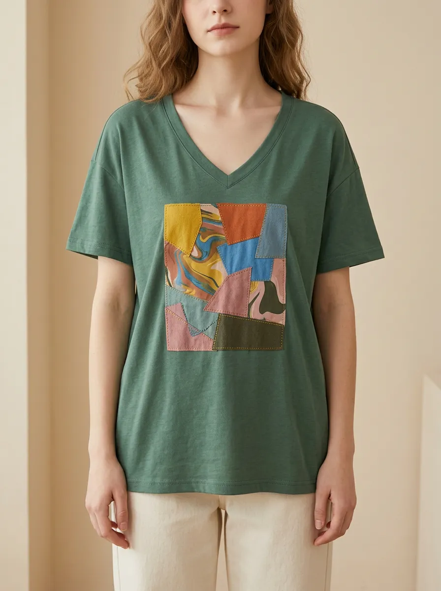 Women's Abstract Patchwork Art Printed V-Neck T-Shirt