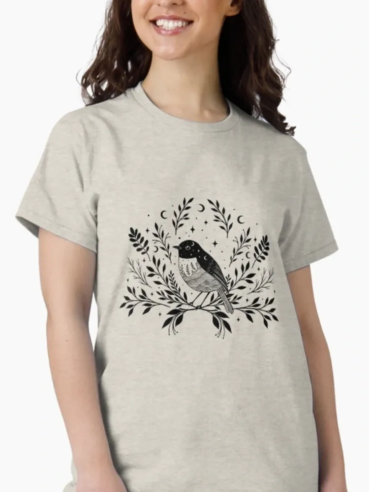 Women's Vintage-Themed Floral Bird Print Crew Neck Short-Sleeve T-Shirt