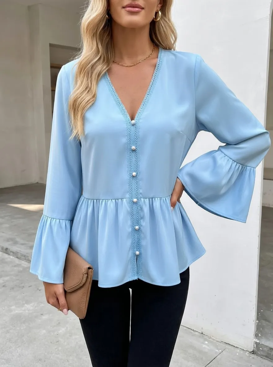 V-Neck Lace Trim Bell Sleeve Buttoned Blouse