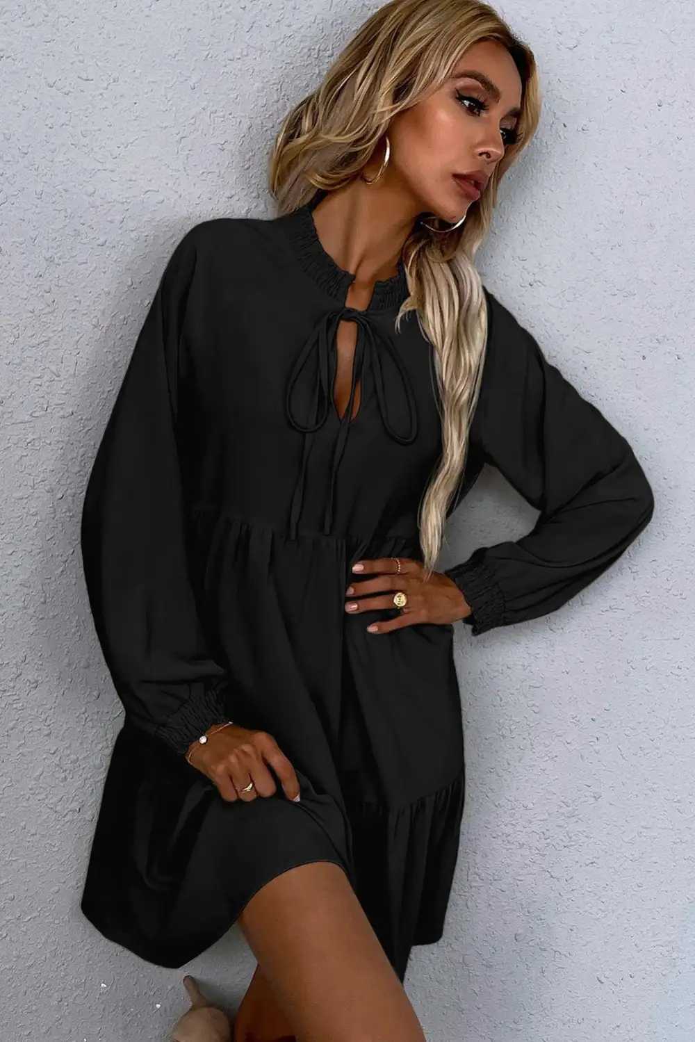 Split Neck Ruffle Smocked Dress Casual