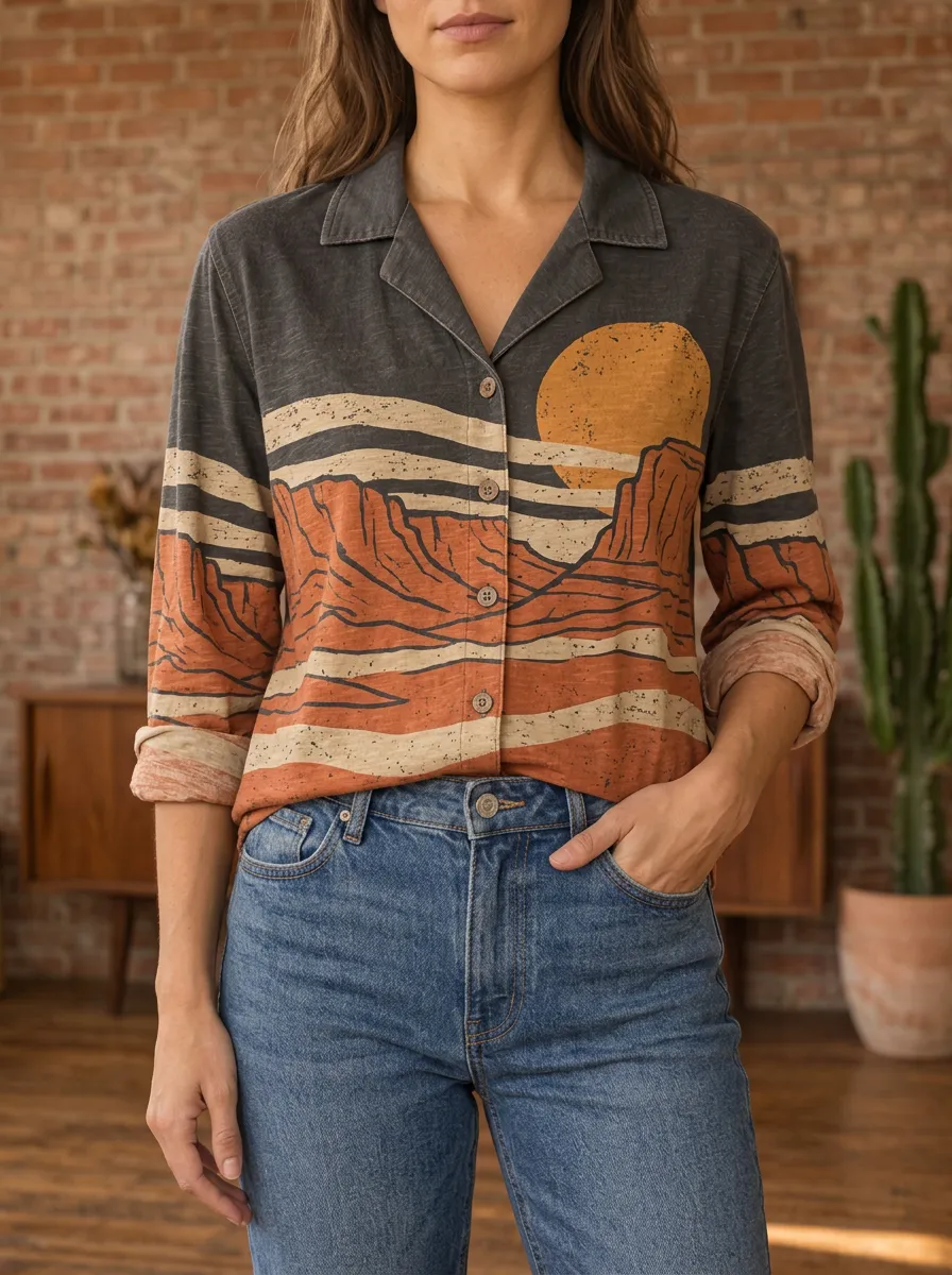 Women's Desert Nature Lover Sunset Mountain Printed Shirt