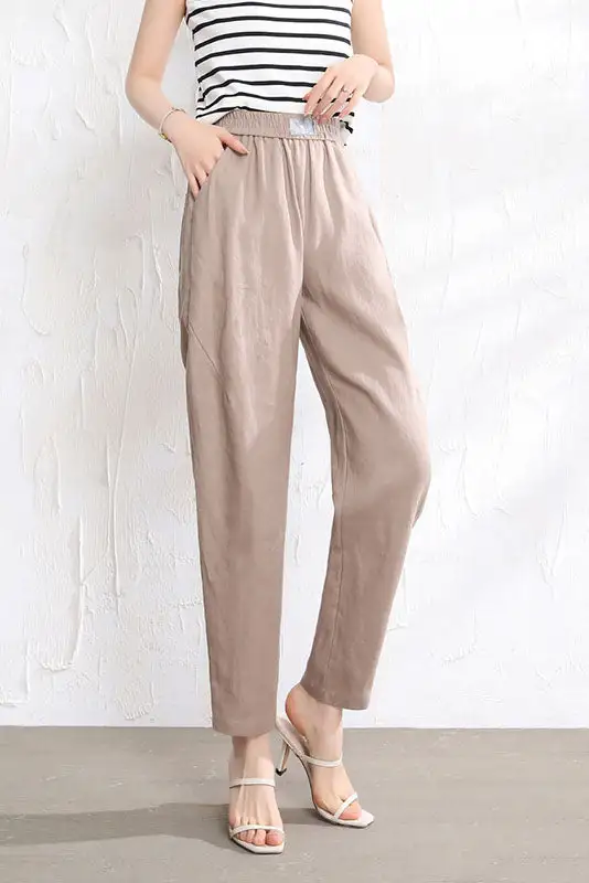 Classic Linen Elastic Waist Pocketed Trousers