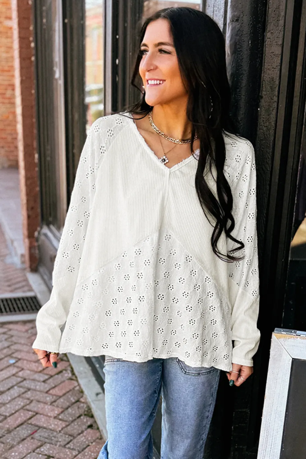 White Twisted Rib Patchwork Embroidered Top