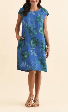 Linen Above-Knee Floral Pocket Round-Neck Short-Sleeve Straight-Cut Dress