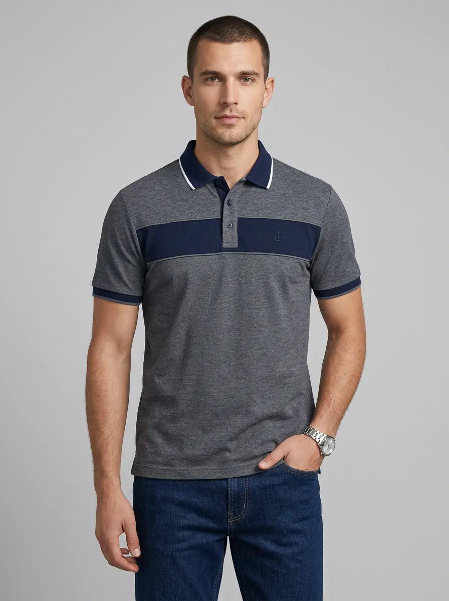 Men's Nautical Style Anchor Embroidered Colorblock Polo Shirt