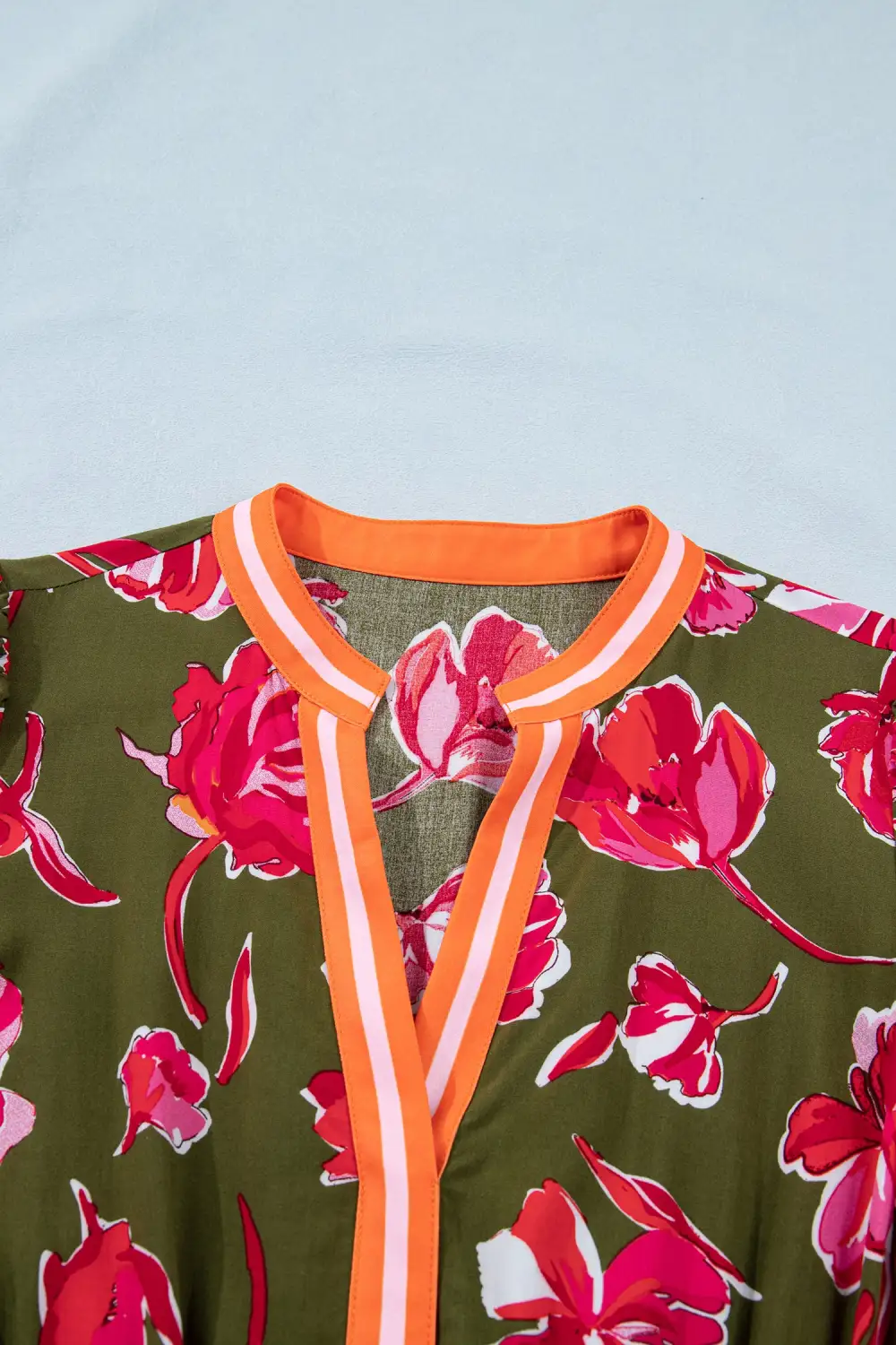 Floral Print Striped Trim Split Neck Short Puff Sleeve