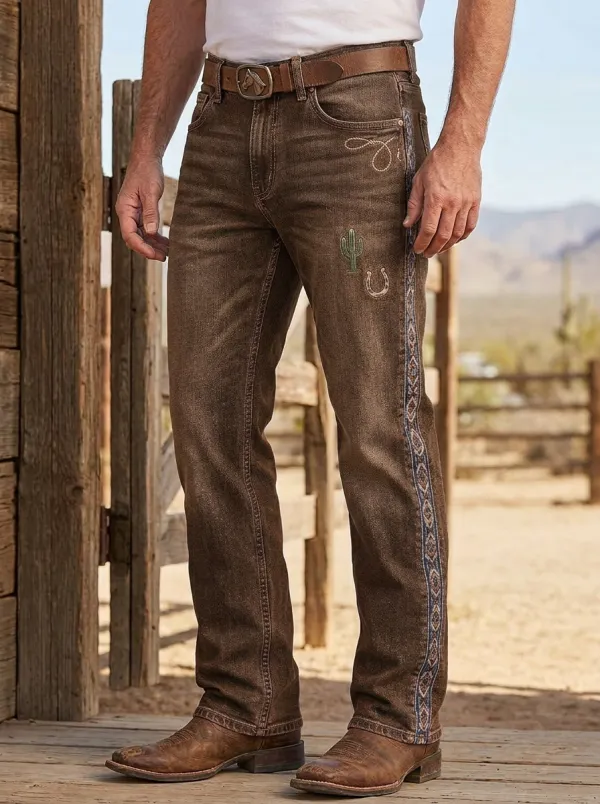 Men's Western Cowboy Horseshoe Horse Cactus Jeans