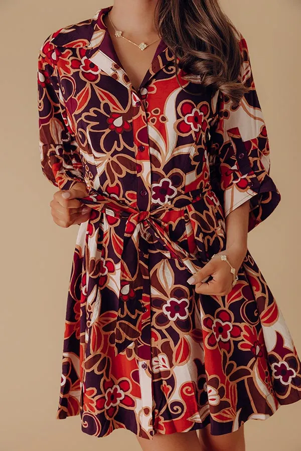 Pleated Floral Collared Three-Quarter Sleeve Relaxed Mini Dress