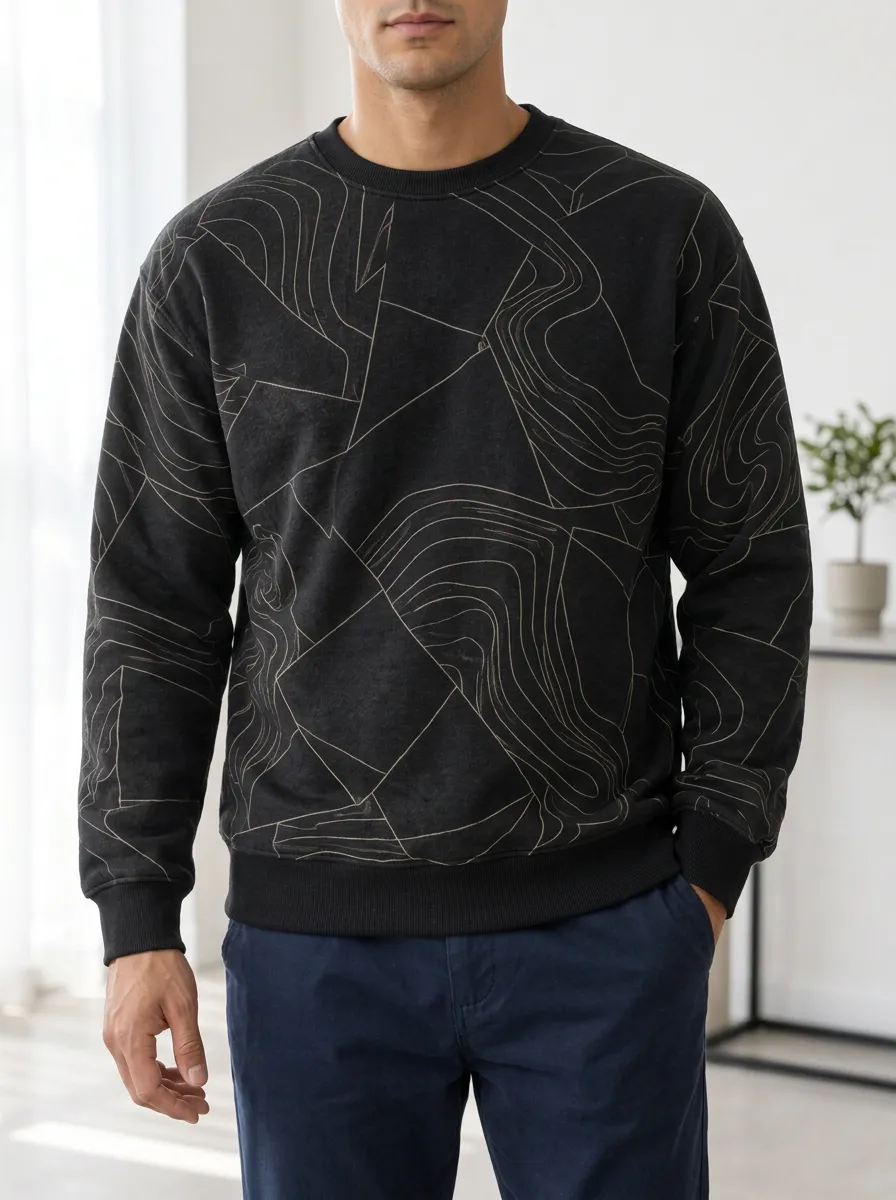 Men's Graphic Print Crewneck Sweatshirt Topographic Abstract