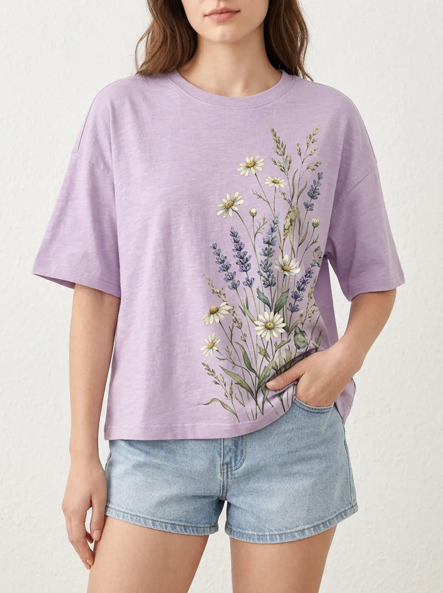 Women's Floral Graphic Crewneck T-Shirt Side-Print