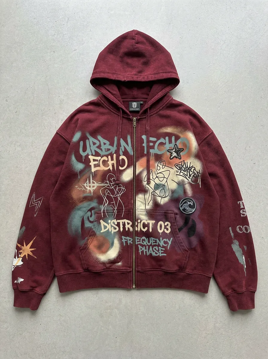 Unisex Streetwear Urban Echo Graffiti Printed Zip-up Hoodie