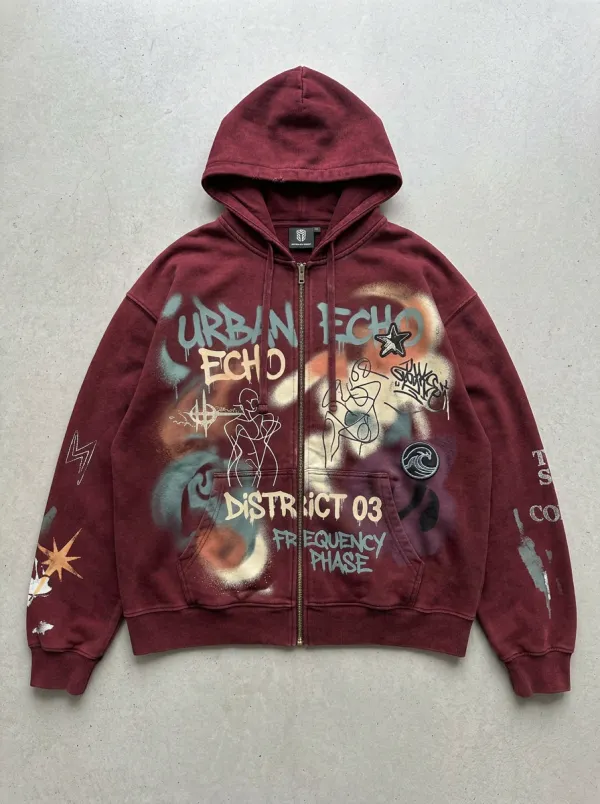 Unisex Streetwear Urban Echo Graffiti Printed Zip-up Hoodie