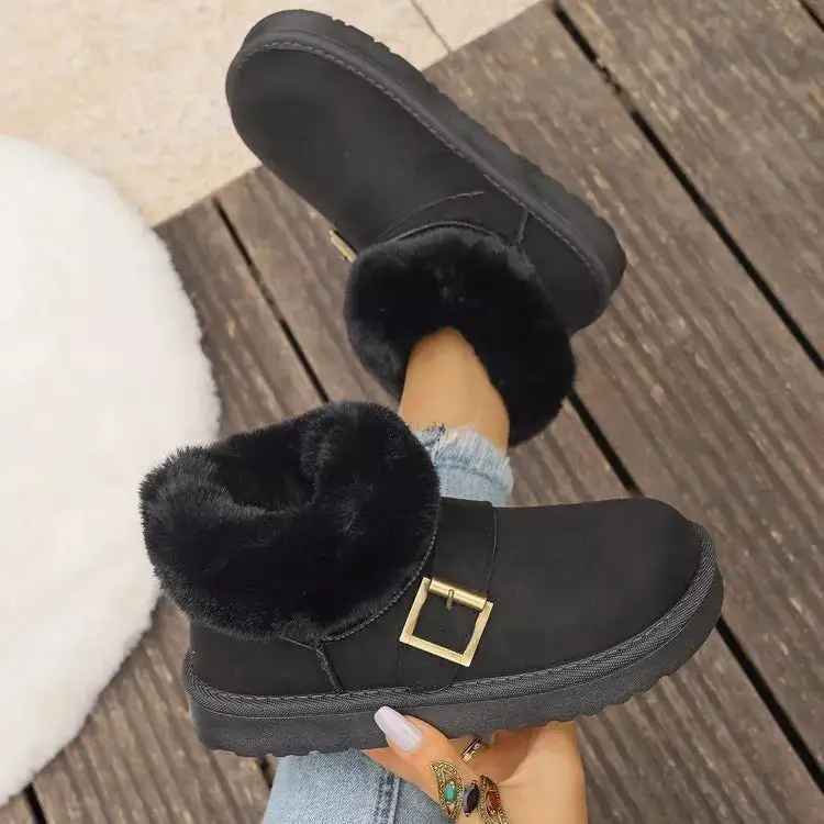 Fuzzy Trim Buckle Accent Winter Boots