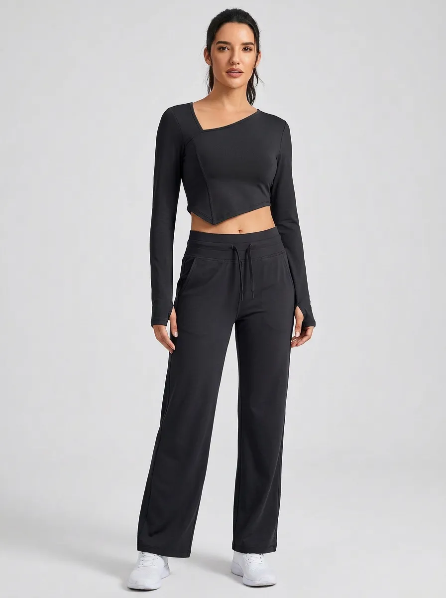 Women's Asymmetric Thumbhole Crop Top and Drawstring Wide-Leg Pant Set
