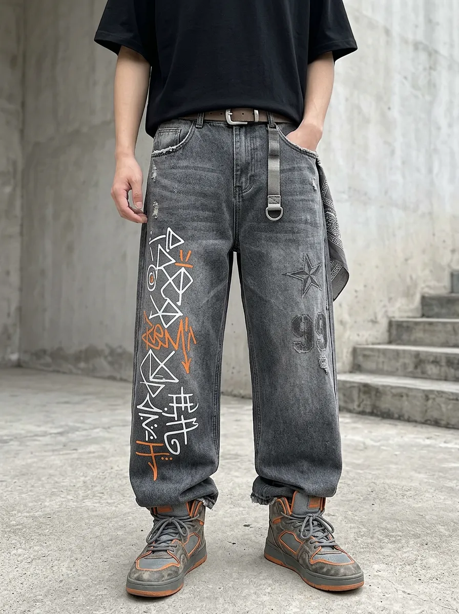 Unisex Modern Streetwear Graffiti Star Baggy Jeans
