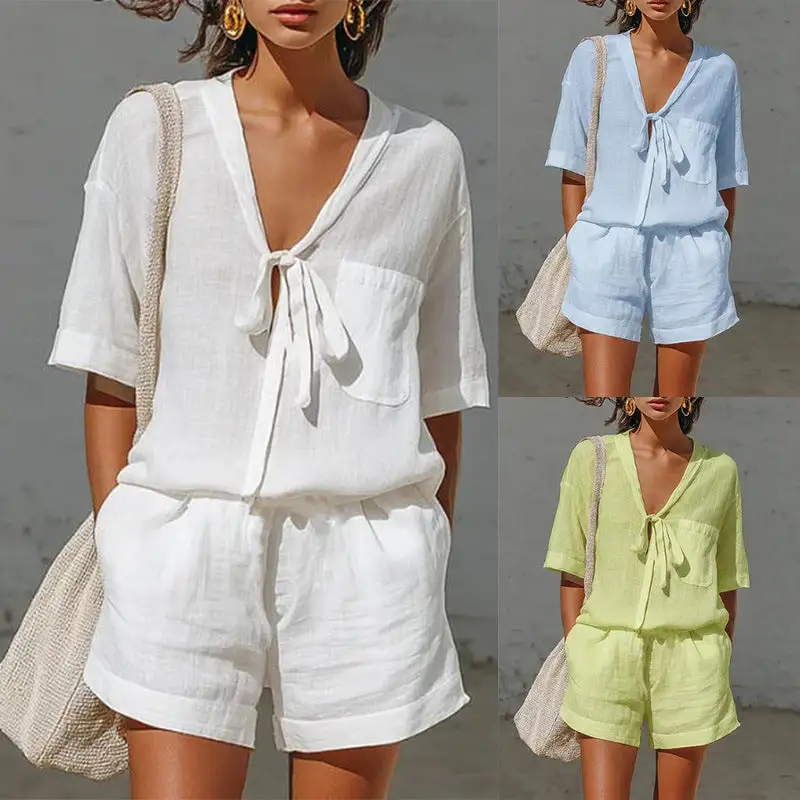 Short-Sleeve Stretch Checked Women's Matching Set