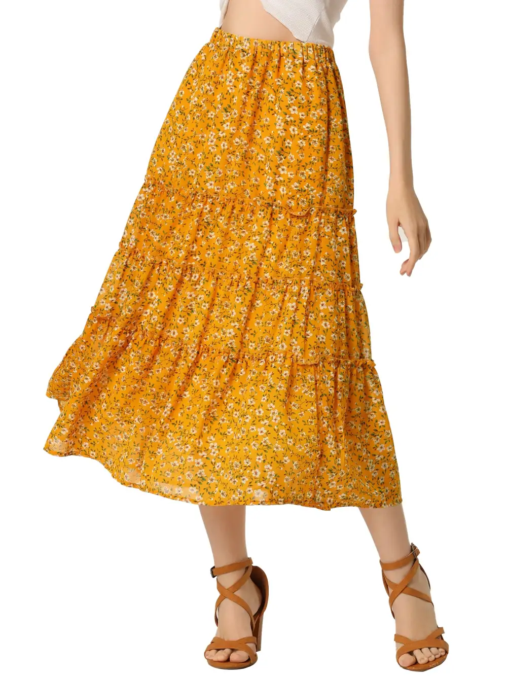 Chiffon Floral-Print Long Tiered Ruffle Boho Midi Skirt