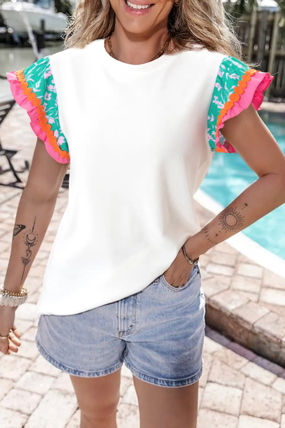 White Contrast Floral Sleeve