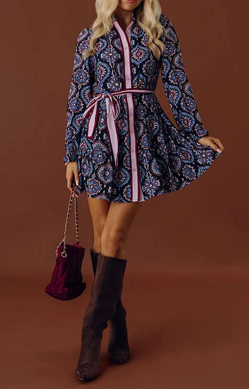 Ruffled Floral High Neck Long Sleeve Relaxed Mini Dress