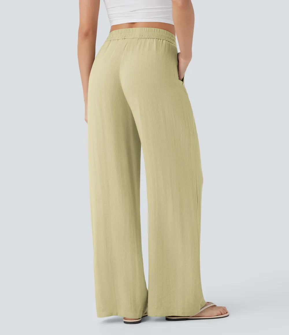 2026🔥  High Waisted Drawstring Pocket Wide Leg Casual Linen-Feel Pants