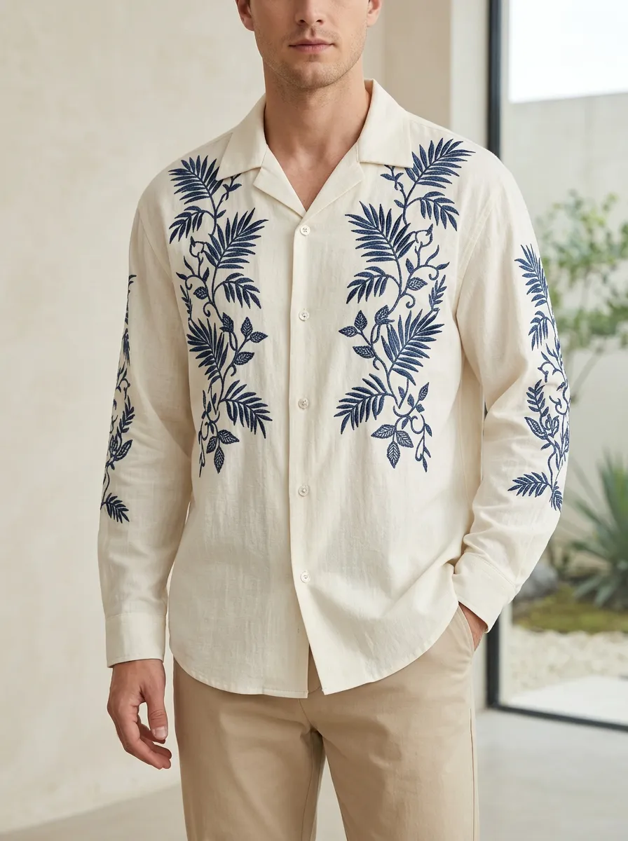 Men's Easygoing Botanical Embroidered Long Sleeve Shirt