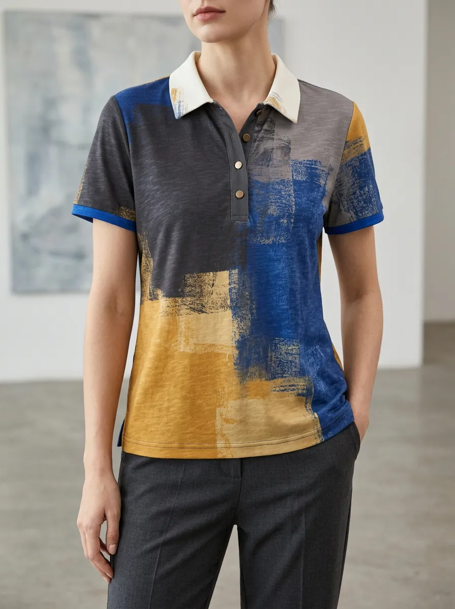Women's Abstract Colorblock Brushstroke Printed Polo Shirt