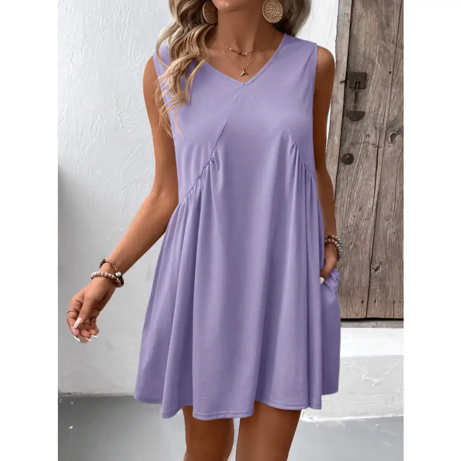 Ruched V-Neck Sleeveless Mini Dress