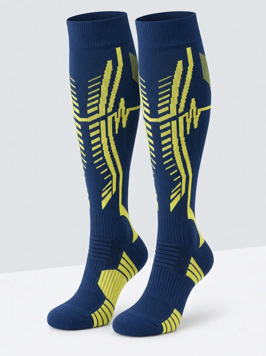 Women's Navy and Lime Geometric Pattern Knee-High Socks