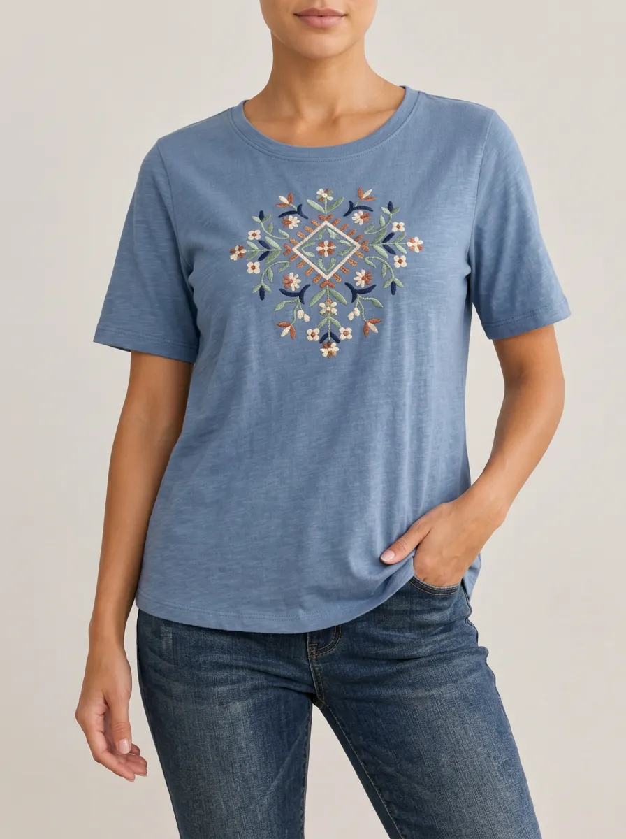 Everyday Floral Print Embroidered Detail Women's Relaxed Short Sleeve Tee