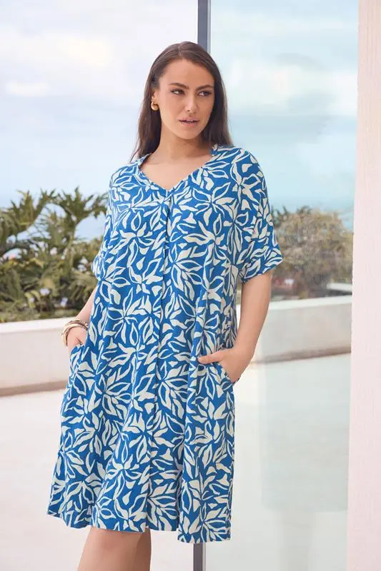 Blue Premium Linen Leaf Print Shift Dress