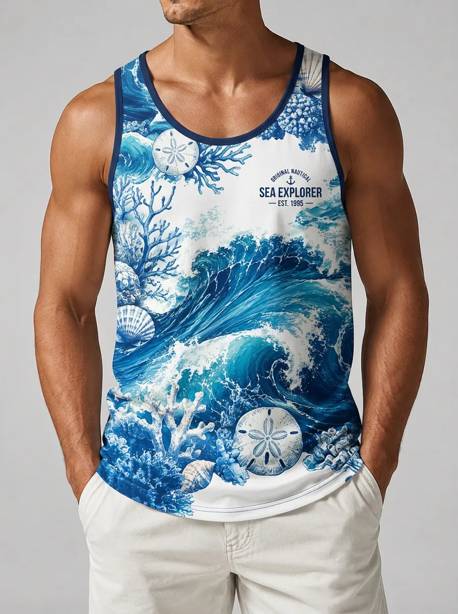 Men's Nautical Sea Explorer Ocean Wave Coral Printed Tank Top