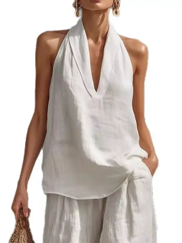 Halter Neck Top and Wide Leg Pants Set