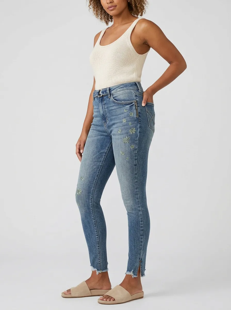 Women's Floral Embroidery Frayed Hem Printed Slim Jeans