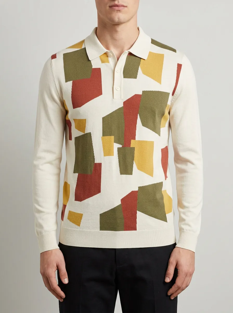 Men's Abstract Geometric Pattern Everyday Long Sleeve Polo Shirt