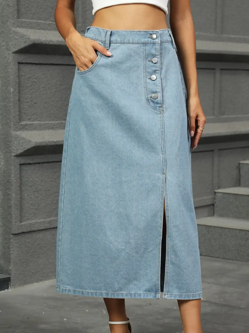 Everyday Denim Button Front Midi Skirt
