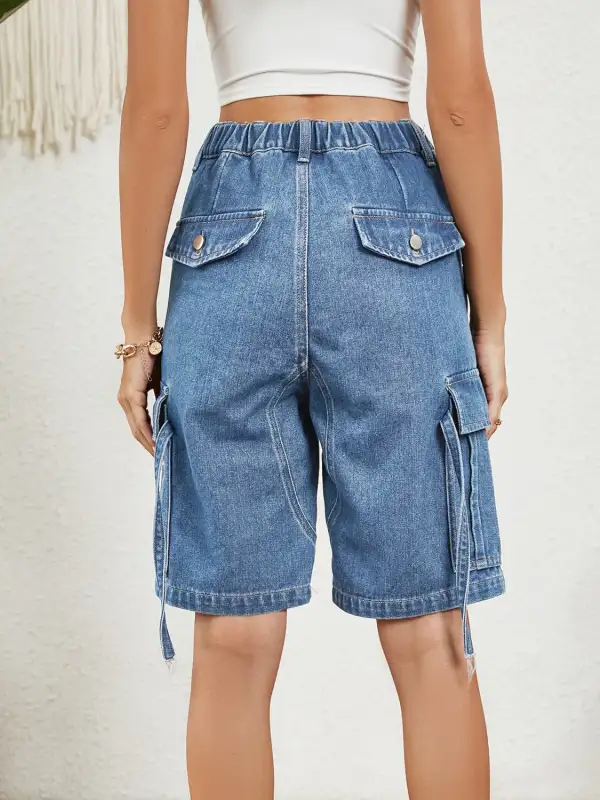 Tailored High Waist Denim Shorts with Pockets