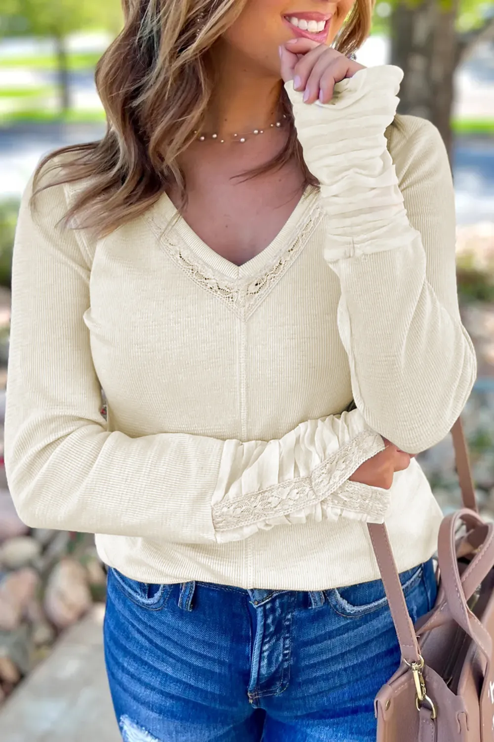 Beige Thermal Knit Lace Ruched Top