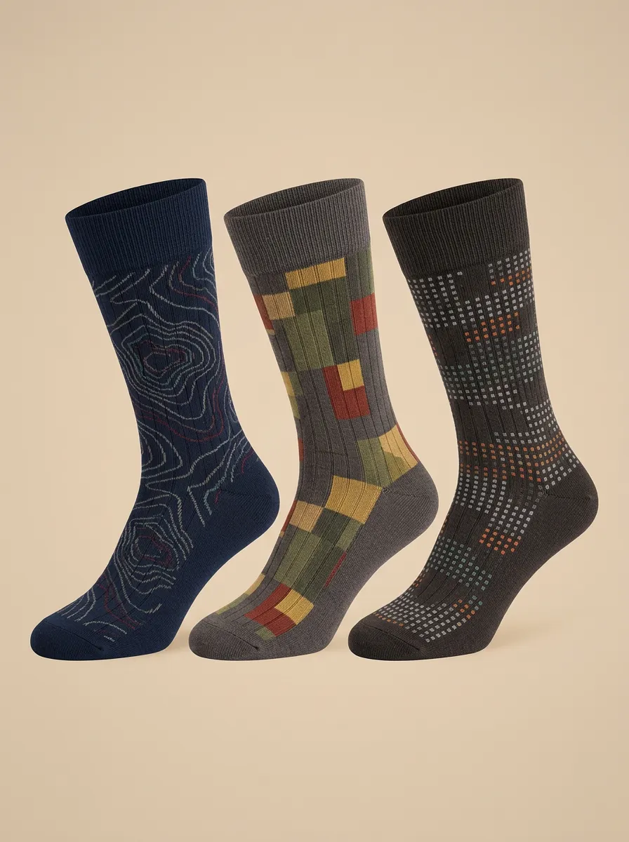 Men's Geometric Topographic Pattern Printed Three-Pack Socks