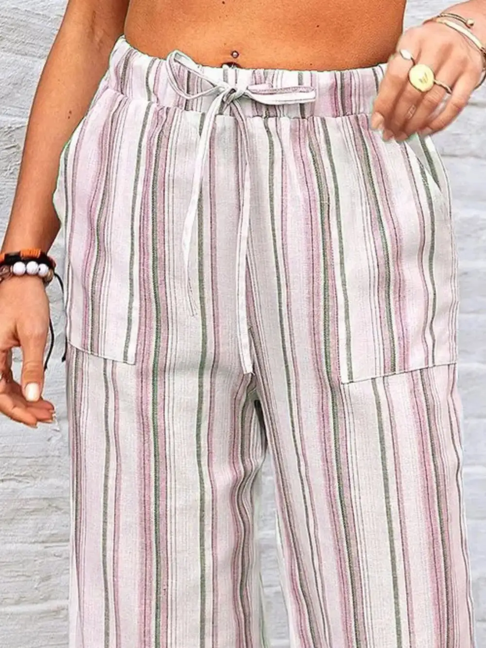 Wide Leg Striped Pocketed Pants