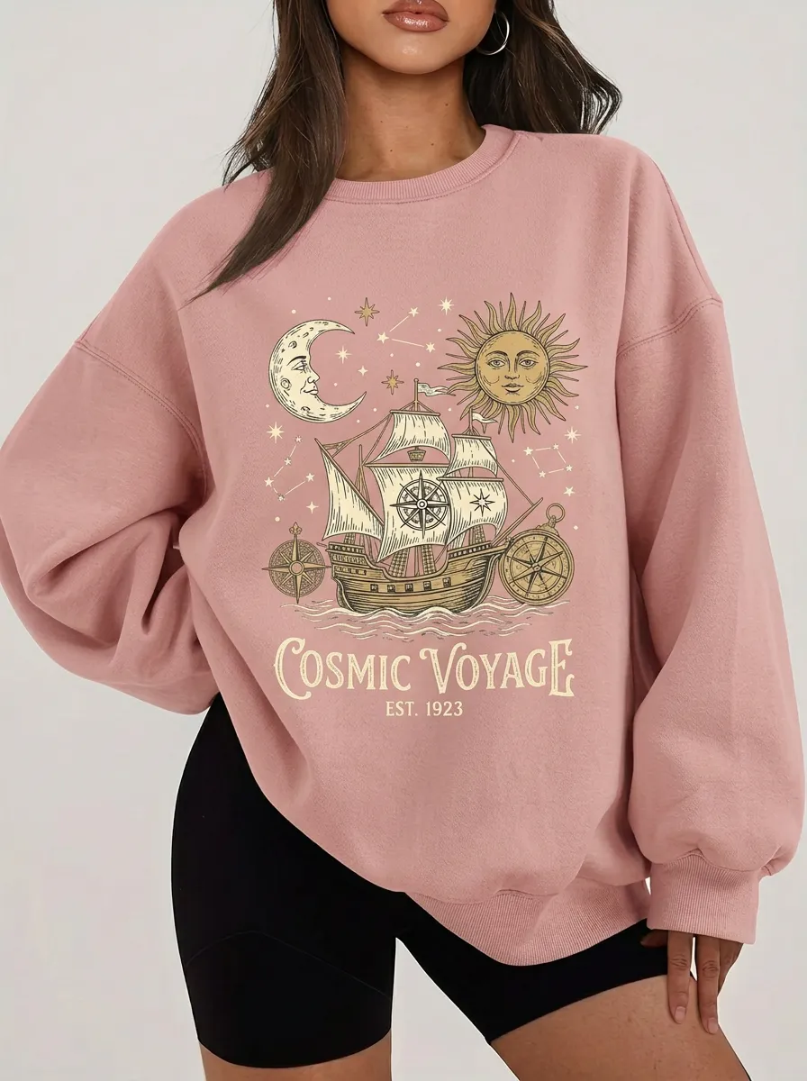 Women's Cosmic Voyage Celestial Ship Graphic Sweatshirt