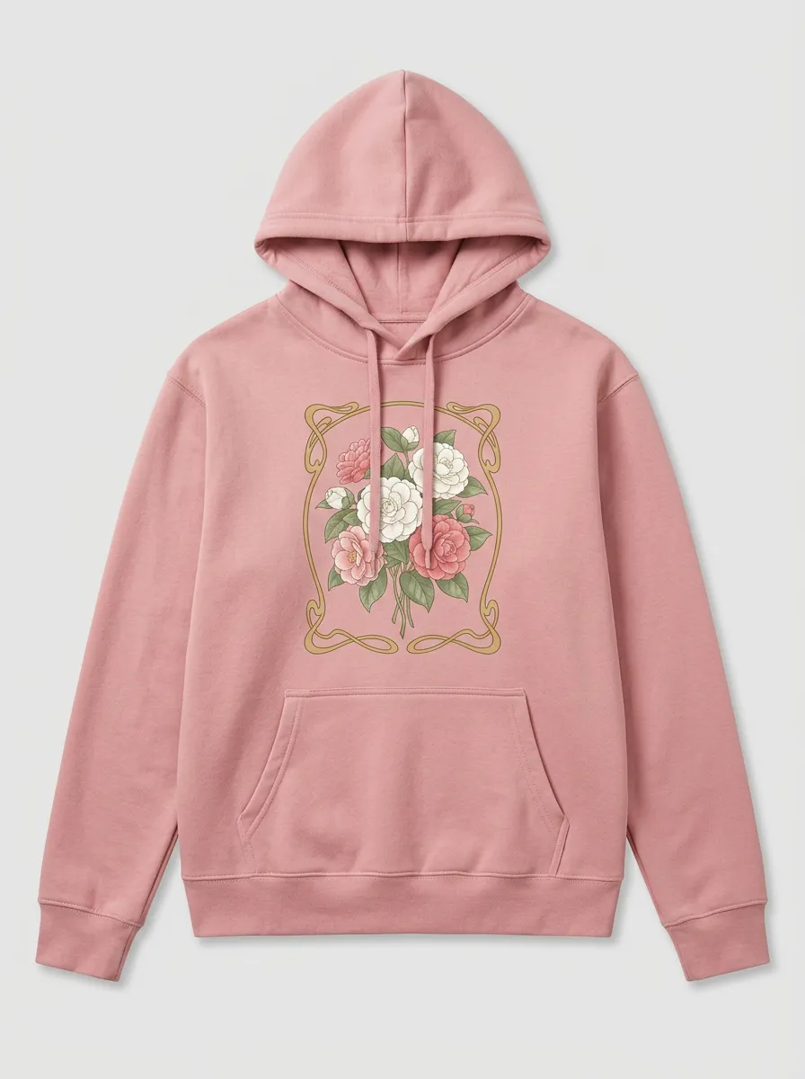 Women's Hooded Drawstring Graphic Floral-Motif Rib-Trim Dropped-Shoulder Hoodie